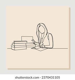 Continuous single line sketch hand drawn drawing of young woman studying and reading with stack of books. One line art of education concept. Vector illustration