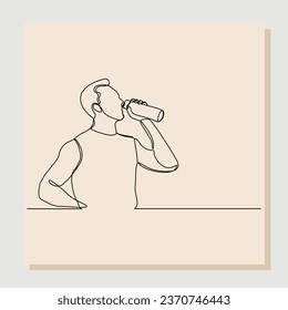 Continuous single line sketch hand drawn drawing of sporty man drink energy water from bottle. One line art concept of healthy life style. Vector illustration