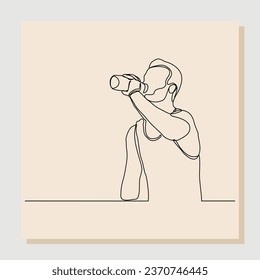 Continuous single line sketch hand drawn drawing of sporty man drink energy water from bottle. One line art concept of healthy life style. Vector illustration