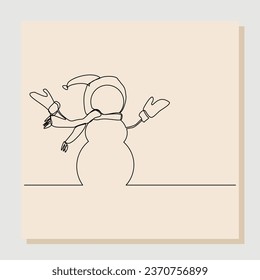 Continuous single line sketch hand drawn drawing of snowman christmas and new year. One line art concept of christmas and happy new years greeting card. Vector illustration