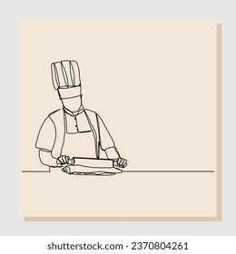 Continuous single line sketch hand drawn drawing of chef man rolling bakery pizza dough use wooden rolling pins. One line concept of bake receipt cooking. Vector illustration