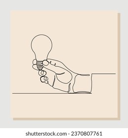 continuous single line sketch hand drawn drawing of human hand holding light bulb. One line art concept of smart idea innovation. Vector illustration