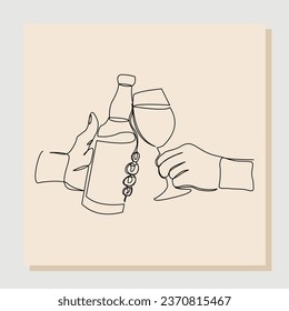 Continuous single line sketch hand drawn drawing of hand cheering and holding bottle and glass wine liquor. One line art concept of bar party. Vector illustration