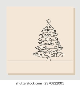 Continuous single line sketch hand drawn drawing of snowman christmas tree with decoration. One line art concept of winter christmas and new year. Vector illustration