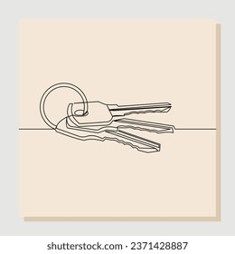 Continuous single line sketch hand drawn drawing of key in isolated white background. One line art concept of real estate and business logo and symbol. Vector illustration