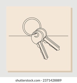 Continuous single line sketch hand drawn drawing of key in isolated white background. One line art concept of real estate and business logo and symbol. Vector illustration