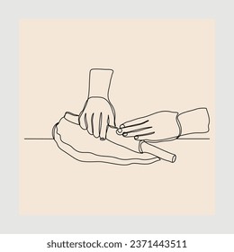 Continuous single line sketch hand drawn drawing of chef hand rolling bakery pizza dough use wooden rolling pins. One line concept of bake receipt cooking. Vector illustration