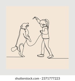 Continuous single line sketch hand drawn drawing of happy little girl playing with dog pet. One line art concept of happy childhood. Vector illustration