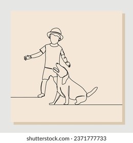 Continuous single line sketch hand drawn drawing of happy little boy playing with dog pet. One line art concept of happy childhood. Vector illustration