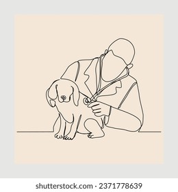 Continuous single line sketch hand drawn drawing of young male veterinarian examining and take care of a sick dog. One line art concept of et health care service. Vector illustration