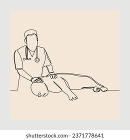 Continuous single line sketch hand drawn drawing of young male veterinarian examining and take care of a sick dog. One line art concept of et health care service. Vector illustration