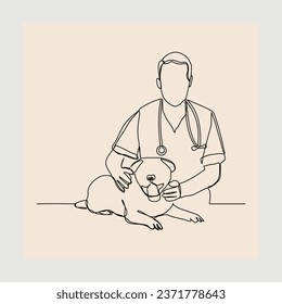 Continuous single line sketch hand drawn drawing of young male veterinarian examining and take care of a sick dog. One line art concept of et health care service. Vector illustration