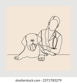 Esbozo continuo de una sola línea dibujado a mano de una joven veterinaria examinando y cuidando a un perro enfermo. Concepto de arte de una línea del servicio de atención de la salud. Ilustración del vector