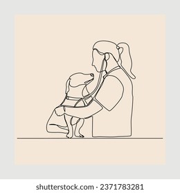 Continuous single line sketch hand drawn drawing of young female veterinarian examining and take care of a sick dog. One line art concept of et health care service. Vector illustration