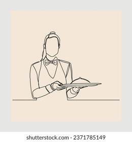 continuous single line sketch hand drawn drawing of waiters holding order food tray for customer. One line art concept of restaurant worker. Vector illustration
