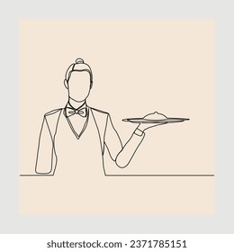 esbozo de línea única continua dibujo a mano dibujado por los camareros que sostienen la bandeja de alimentos para el cliente. Concepto de arte de una sola línea del trabajador de restaurantes. Ilustración del vector