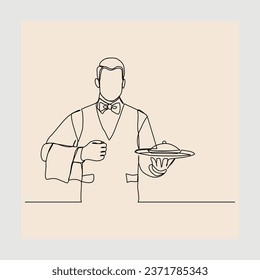 continuous single line sketch hand drawn drawing of waiters holding order food tray for customer. One line art concept of restaurant worker. Vector illustration