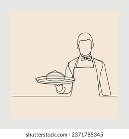 esbozo de línea única continua dibujo a mano dibujado por los camareros que sostienen la bandeja de alimentos para el cliente. Concepto de arte de una sola línea del trabajador de restaurantes. Ilustración del vector