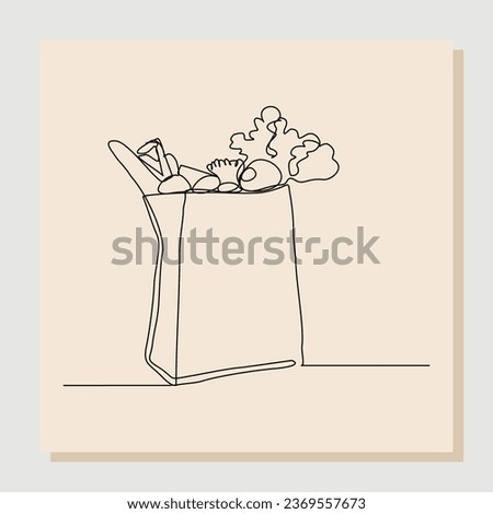 Continuous single line sketch hand drawn drawing of shopping grocery paper bag full of fresh fruit and vegetable. One line drawing of healthy food lifestyle. Vector illustration