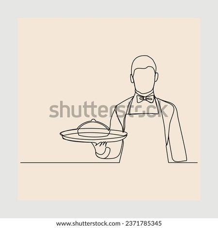 continuous single line sketch hand drawn drawing of waiters holding order food tray for customer. One line art concept of restaurant worker. Vector illustration