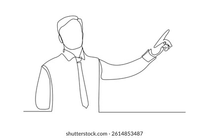 continuous single line of standing business man showing presentation gesture. Sketch drawing editable stroke vector illustration