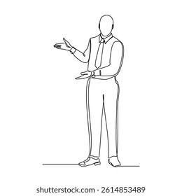 continuous single line of standing business man showing presentation gesture. Sketch drawing editable stroke vector illustration