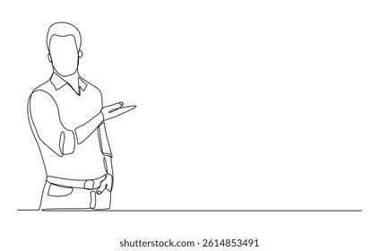 continuous single line of standing business man showing presentation gesture. Sketch drawing editable stroke vector illustration