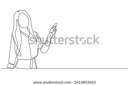 continuous single line of standing business woman showing presentation gesture. Sketch drawing editable stroke vector illustration
