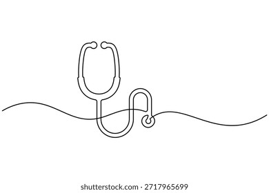 Desenho estetoscópio contínuo de linha única simbolizando diagnóstico e cuidados de saúde profissionais. vetor