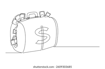 Continuous single line of suitcase baggage of many stacks dollar money. Finance business success rich symbol sketch drawing editable stroke vector illustration