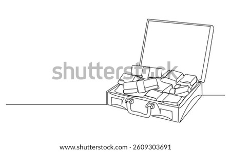 Continuous single line of suitcase baggage of many stacks dollar money. Finance business success rich symbol sketch drawing editable stroke vector illustration