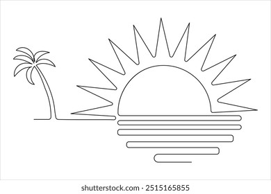 Continuous single line of sunset drawing outline vector art illustration
