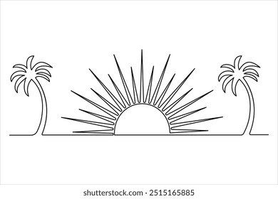 Continuous single line of sunset drawing outline vector art illustration
