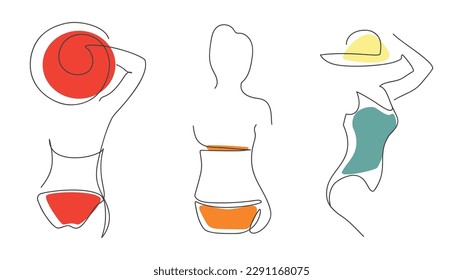 Kontinuierliche Vorlagen mit einem weiblichen Körper in einem Badeanzug in einem modernen, einfachen Stil. Vektorgrafik.