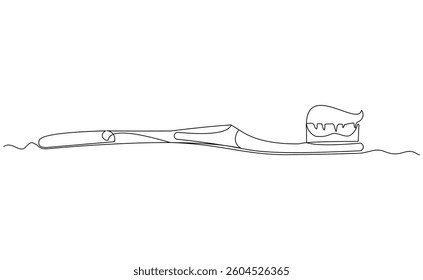 Continuous single line of toothbrush and tooth paste dental care tool equipment mouth cleaning sketch drawing editable stroke vector illustration