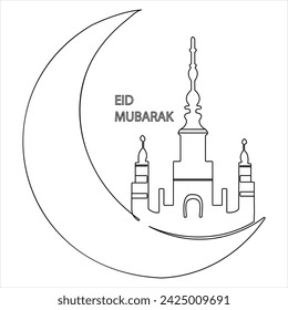 Continuous single line traditional happy eid al fitr art drawing vector style illustration