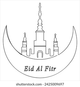 Continuous single line traditional happy eid al fitr art drawing vector style illustration