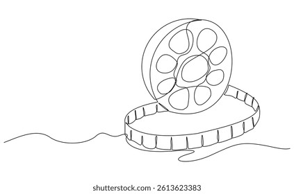 Continuous single line of vintage old film reels roll film video. Sketch drawing editable stroke vector illustration