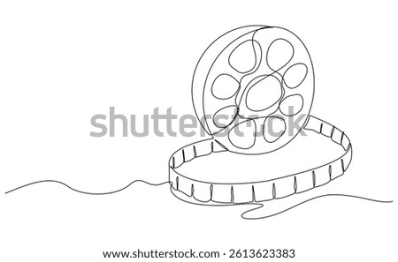 Continuous single line of vintage old film reels roll film video. Sketch drawing editable stroke vector illustration
