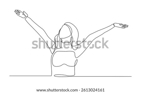 Continuous single line of woman feeling free freedom stretching arms. Business success or yoga exercise concept sketch drawing editable stroke vector illustration