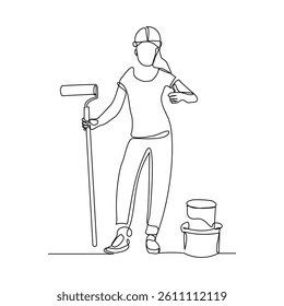 Continuous single line of woman female painter holding painting roller and paint bucket can. Sketch drawing editable stroke vector illustration