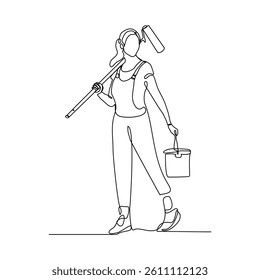 Continuous single line of woman female painter holding painting roller and paint bucket can. Sketch drawing editable stroke vector illustration