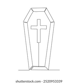 Continuous single line of wooden coffin horror funeral graveyard halloween concept one line vector illustration