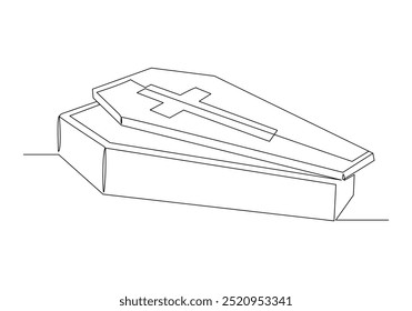 Continuous single line of wooden coffin horror funeral graveyard halloween concept one line vector illustration