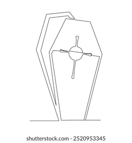 Continuous single line of wooden coffin horror funeral graveyard halloween concept one line vector illustration