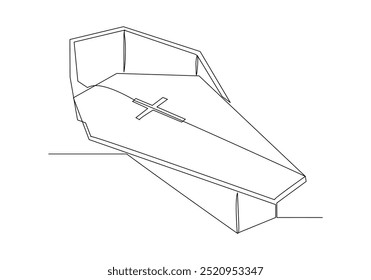 Continuous single line of wooden coffin horror funeral graveyard halloween concept one line vector illustration