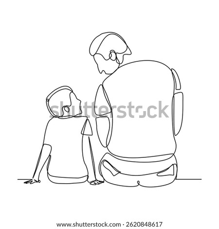 Continuous single line of young father giving some wise advice talk to his child. Happy family parenting concept. Trendy sketch drawing editable stroke vector illustration	