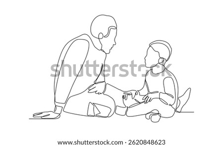 Continuous single line of young father giving some wise advice talk to his child. Happy family parenting concept. Trendy sketch drawing editable stroke vector illustration	