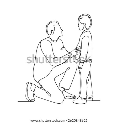 Continuous single line of young father giving some wise advice talk to his child. Happy family parenting concept. Trendy sketch drawing editable stroke vector illustration	