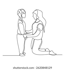 Continuous single line of young mother giving some wise advice talk to his child. Happy family parenting concept. Trendy sketch drawing editable stroke vector illustration